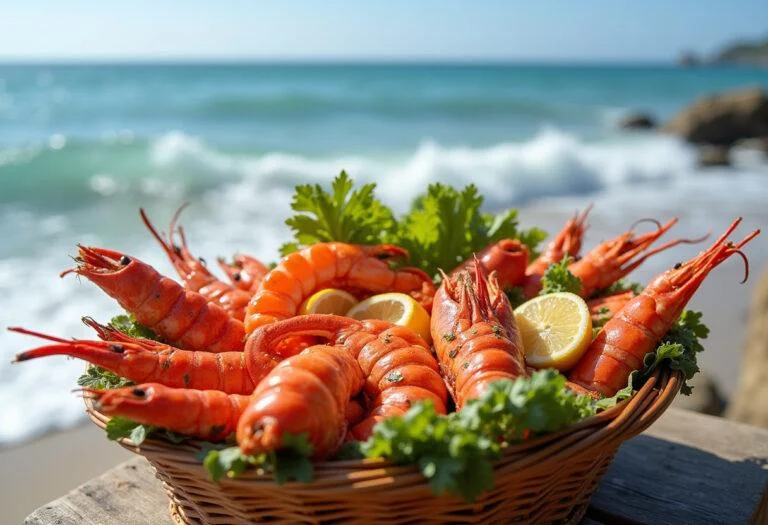 Final presentation of a seafood basket highlighting ocean freshness at a beautiful beach, ideal for seafood lovers.