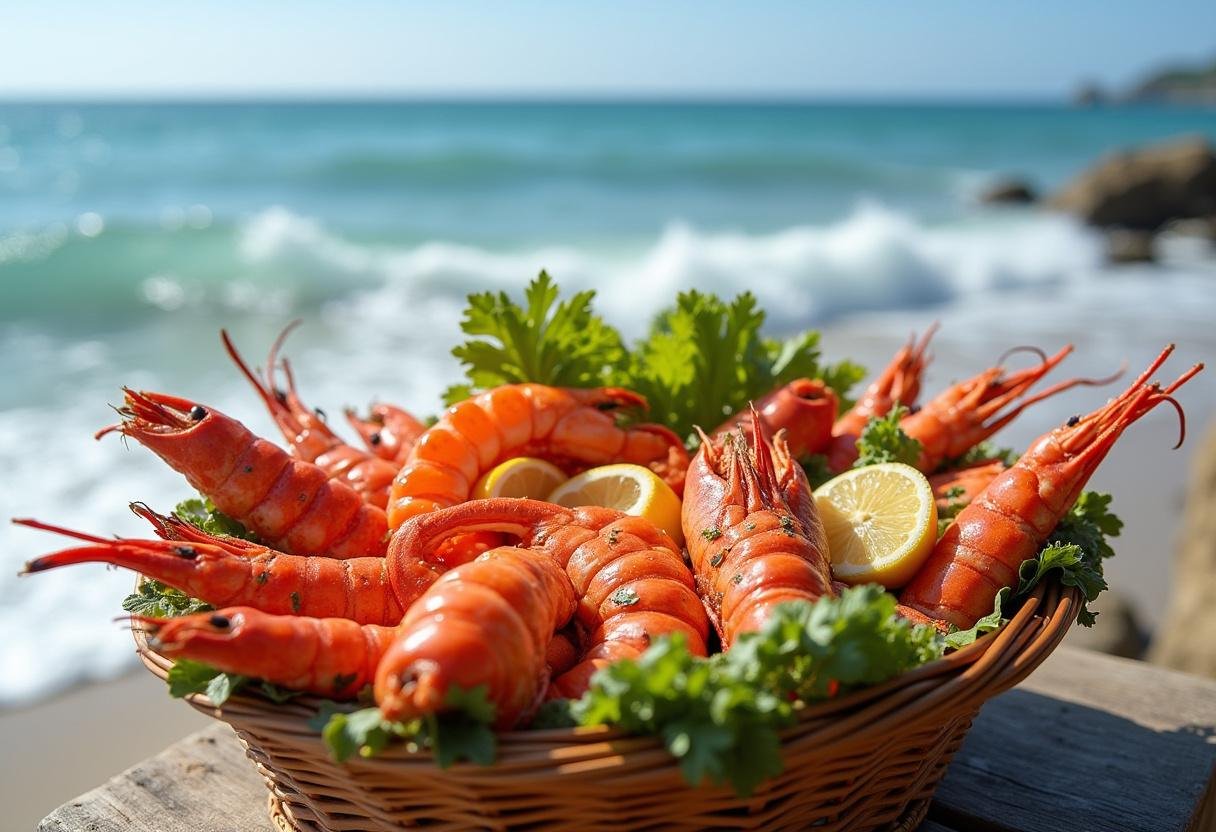 Final presentation of a seafood basket highlighting ocean freshness at a beautiful beach, ideal for seafood lovers.