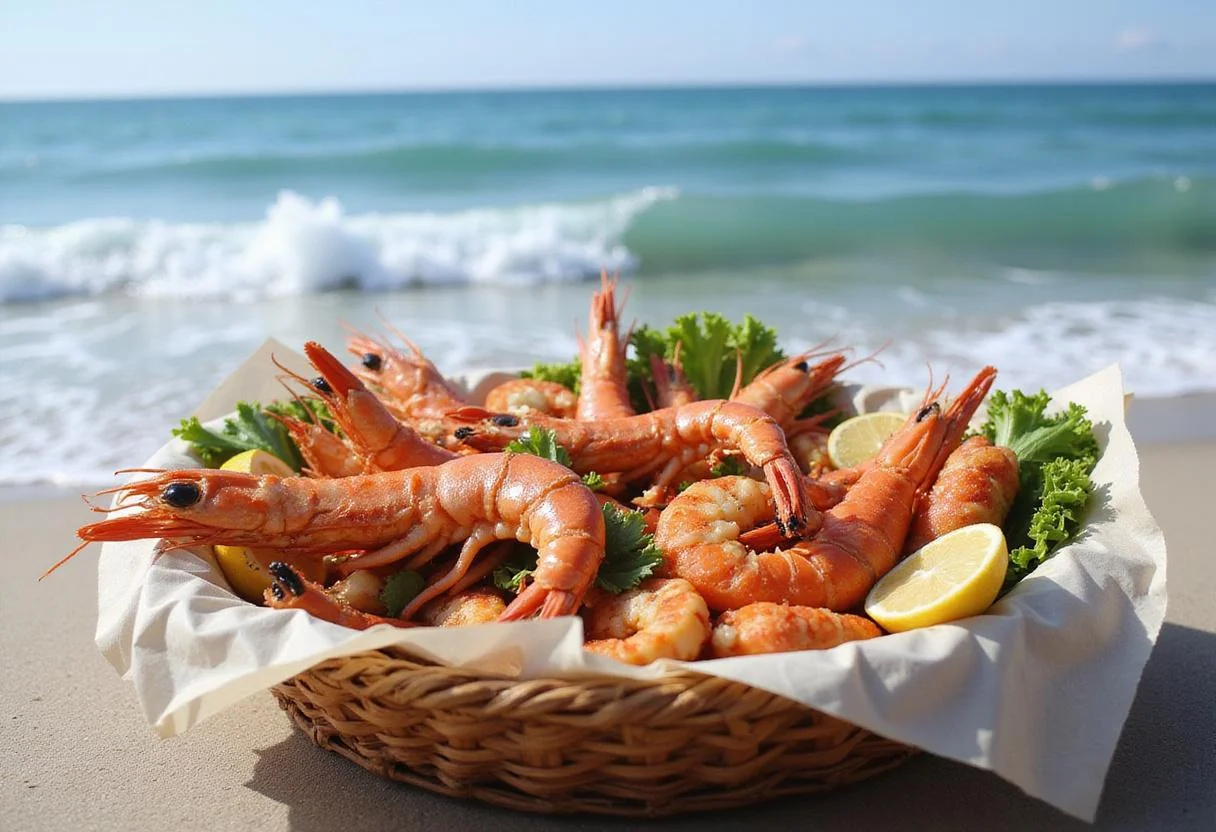 Final presentation of a seafood basket highlighting ocean freshness at a beautiful beach, ideal for seafood lovers.