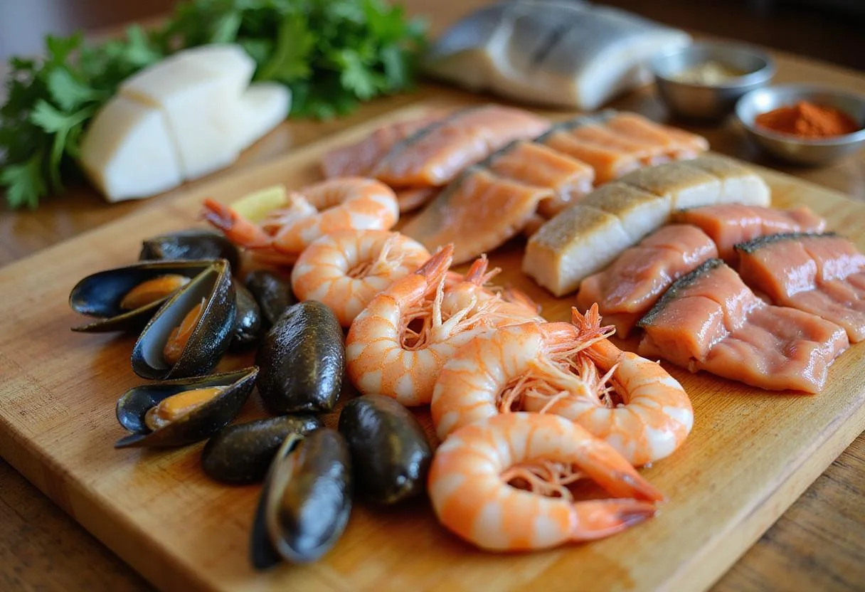 Fresh seafood selection for seafood basket, showcasing shrimp, mussels, and fish for a delicious ocean freshness.