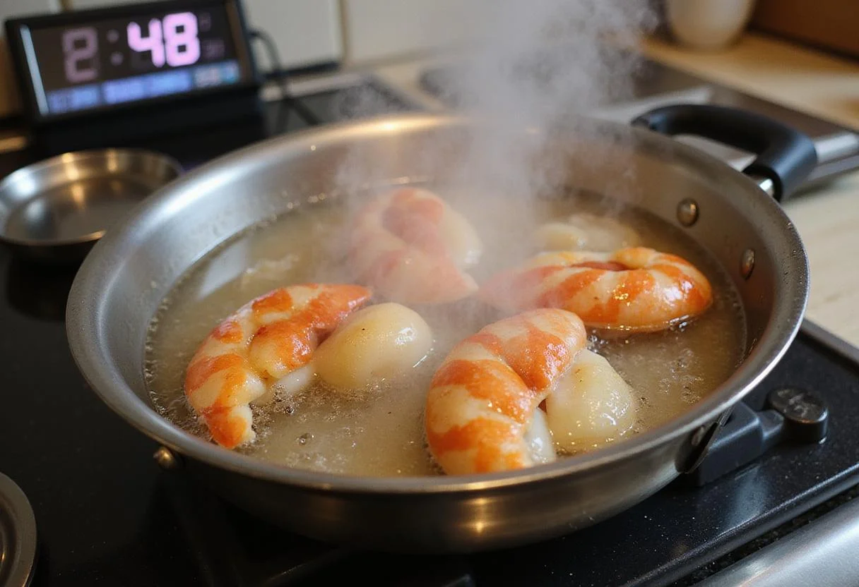 Cooking seafood in boiling water for a seafood basket, capturing the essence of ocean freshness.