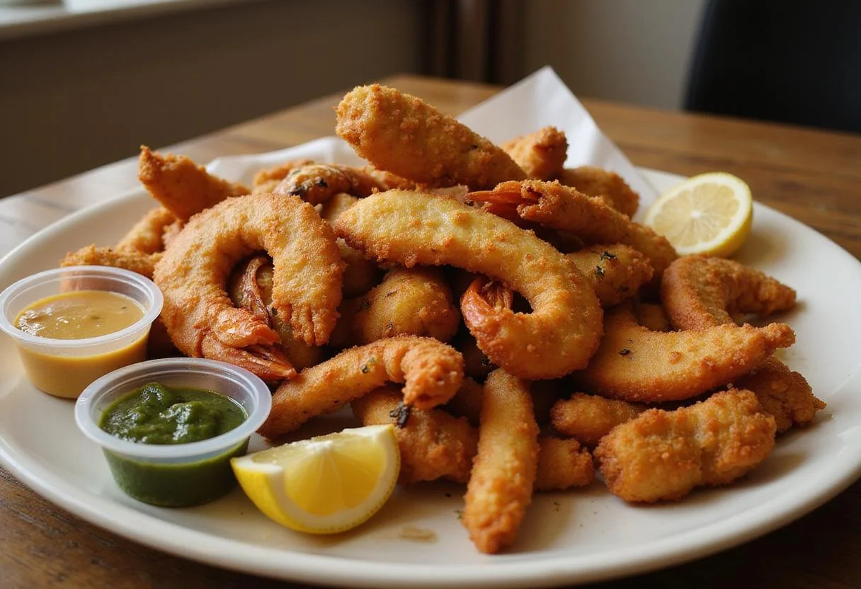 Preparing a seafood basket with various cooked seafood options and garnishes for a delightful presentation.