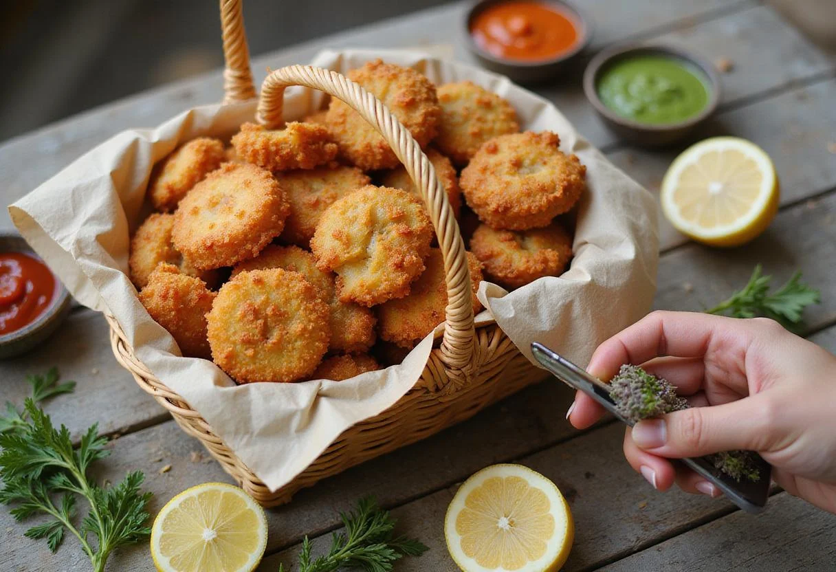 Assembling a seafood basket with crispy fried seafood, perfect for an ocean fresh meal experience.