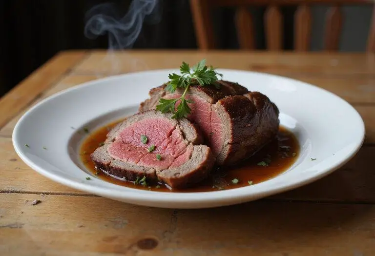 A final presentation of smoked beef roast slices on a rustic wooden table, emphasizing its rich flavor and smoky aroma.