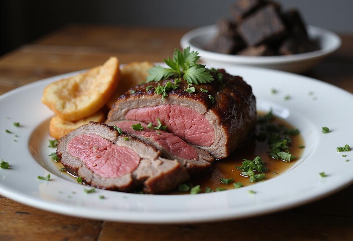 A final presentation of smoked beef roast slices on a rustic wooden table, emphasizing its rich flavor and smoky aroma.