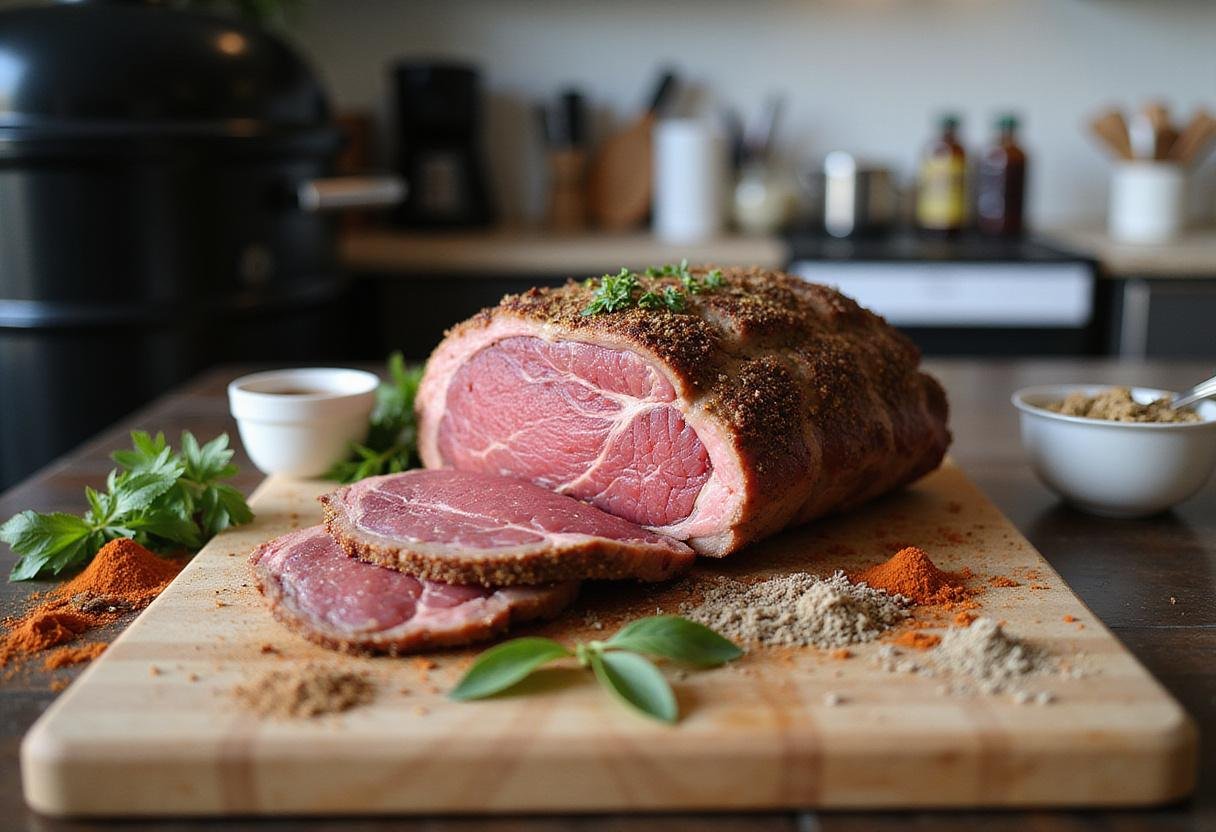 Preparing a seasoned beef roast for smoking, with rich spices and herbs in a realistic kitchen setting.
