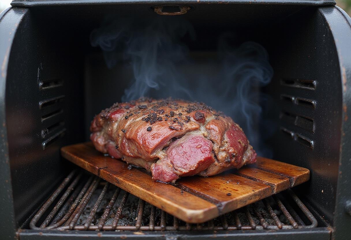 Carefully placing a beef roast in a smoker, highlighting the smoking process for a delicious beef roast.