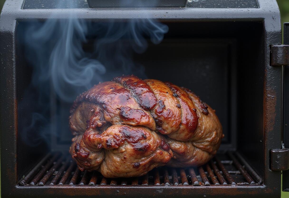 A smoke-filled environment demonstrating the intriguing process of smoking a beef roast to perfection.