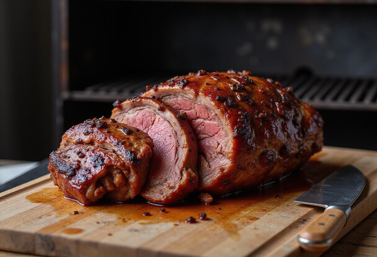 Removing a perfectly smoked beef roast from the smoker, emphasizing its succulent appearance for a mouth-watering result.