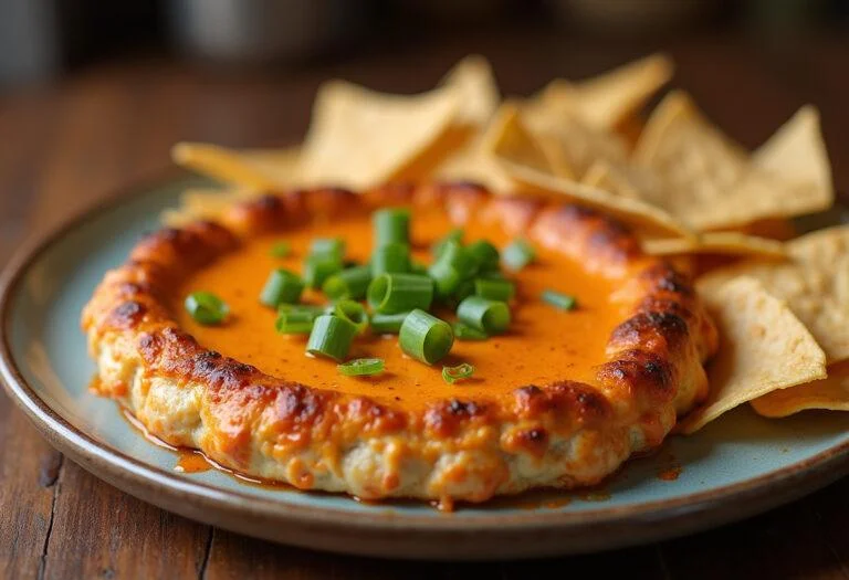 Deliciously presented smoked buffalo chicken dip ready to serve, garnished with green onions and accompanied by tortilla chips.