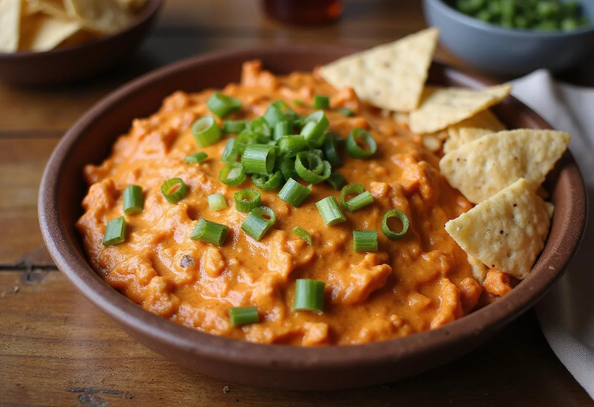 Deliciously presented smoked buffalo chicken dip ready to serve, garnished with green onions and accompanied by tortilla chips.