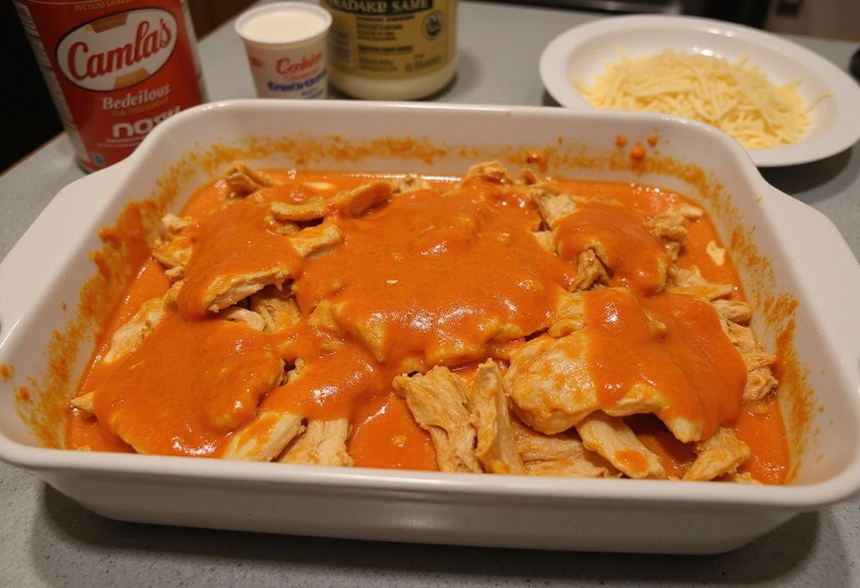 Preparing smoked buffalo chicken dip with shredded chicken and buffalo sauce in a baking dish.