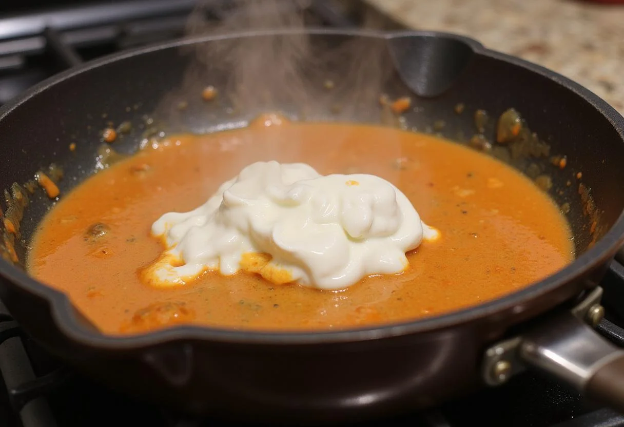 Melting cream cheese in a skillet for smoked buffalo chicken dip, blending with ranch dressing and buffalo sauce.