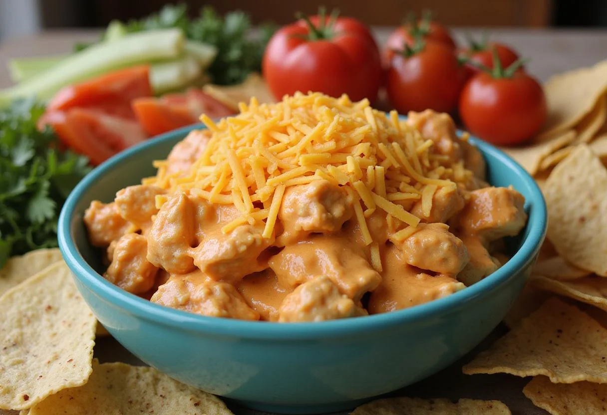 Combining ingredients for smoked buffalo chicken dip in a bowl, topped with shredded cheese and served with tortilla chips.
