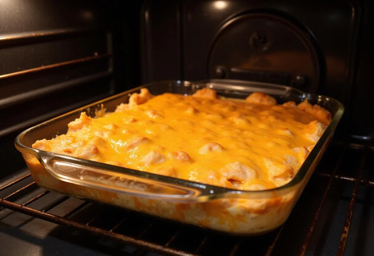 Baking smoked buffalo chicken dip in the oven, with melted cheese creating a golden crust.