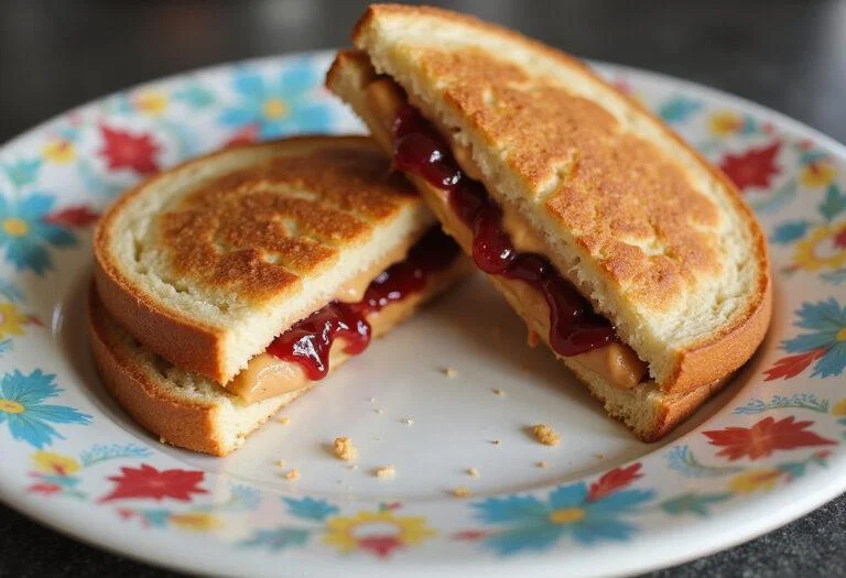 Final presentation of a delicious Smucker's PB&J sandwich, showcasing vibrant layers of peanut butter and jelly.