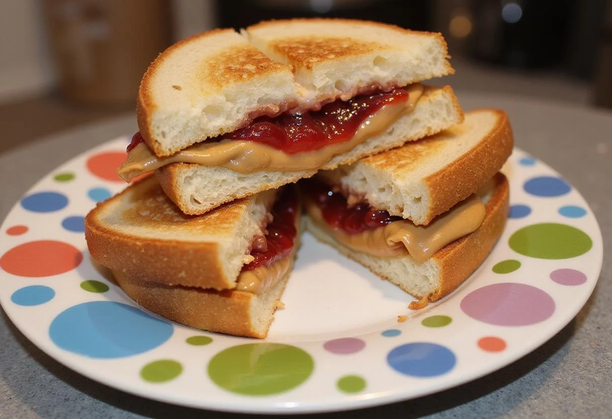 Final presentation of a delicious Smucker's PB&J sandwich, showcasing vibrant layers of peanut butter and jelly.