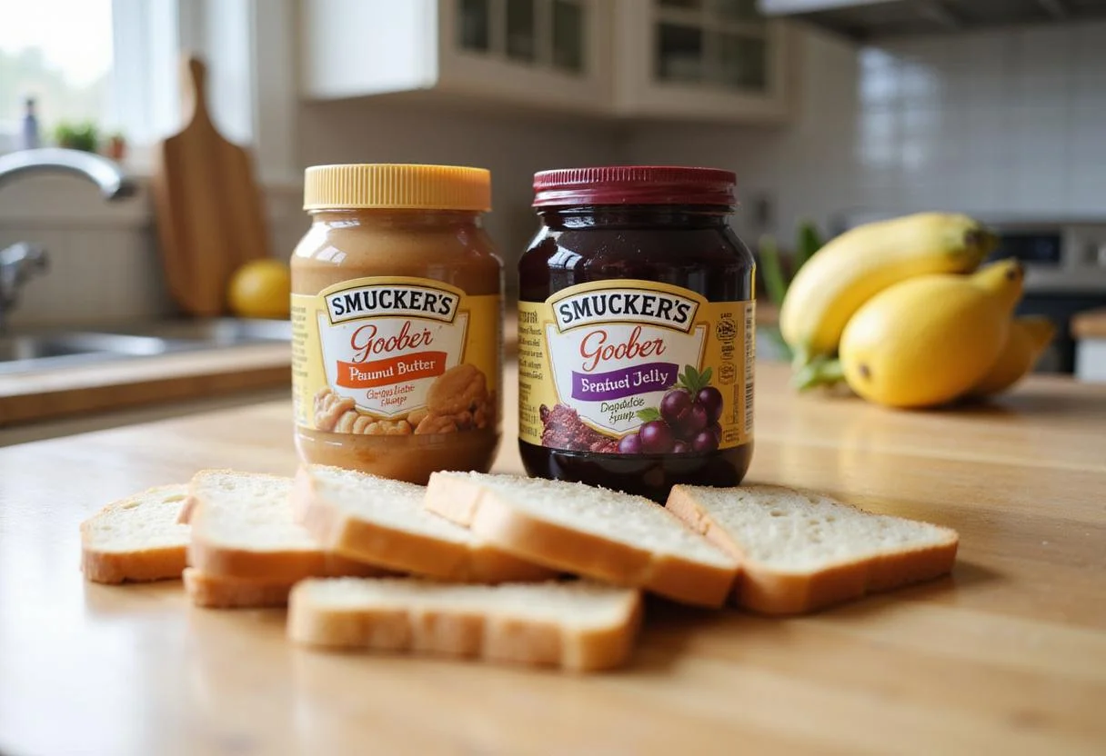Smucker's PB&J preparation with goober peanut butter and grape jelly on a wooden kitchen counter.