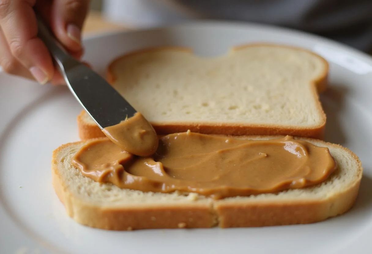 Spreading goober peanut butter on bread for a classic peanut butter and jelly sandwich in a well-lit kitchen.