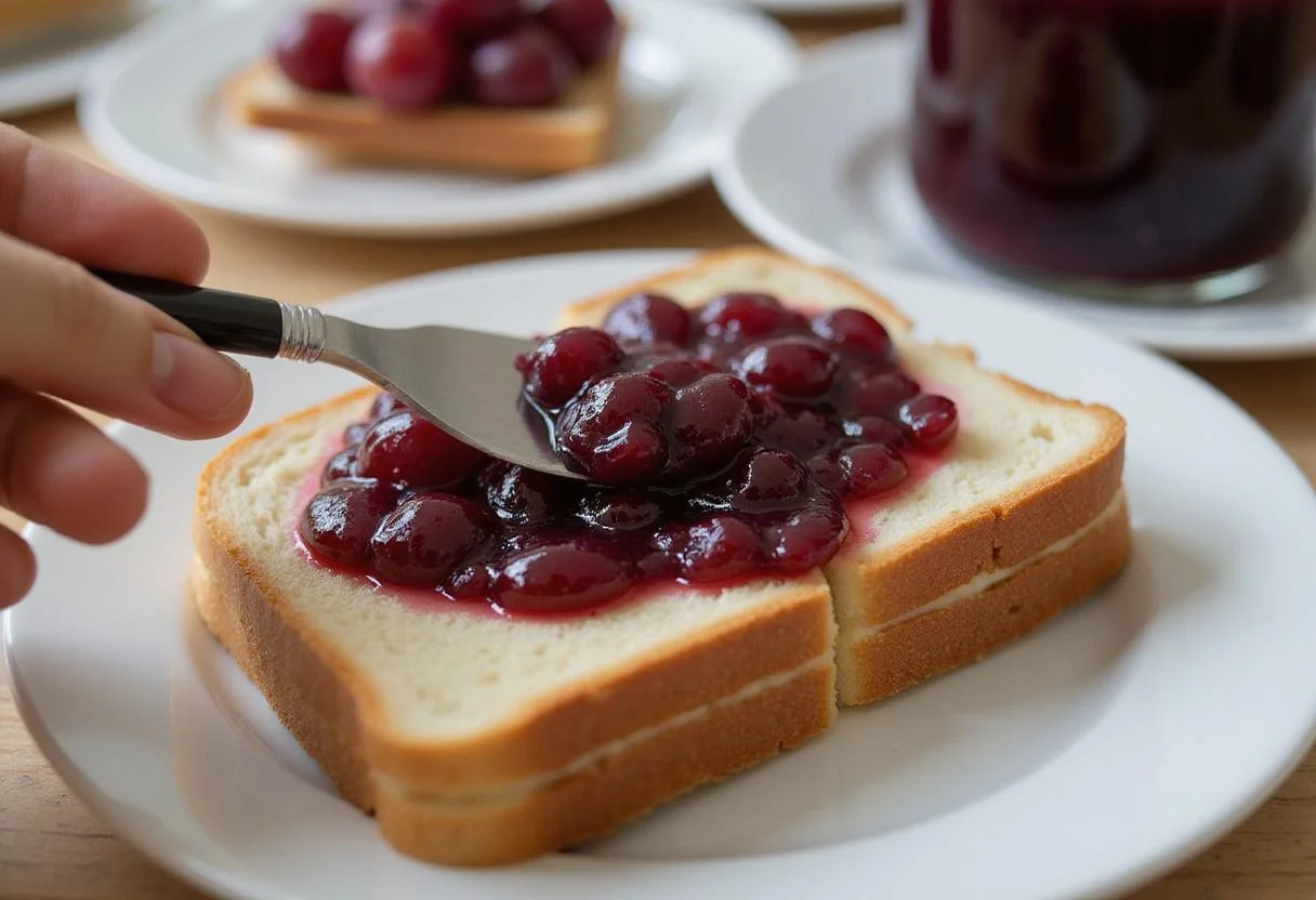 Preparing grape jelly for a PB&J sandwich, showcasing Smucker's jelly on a cutting board next to peanut butter.