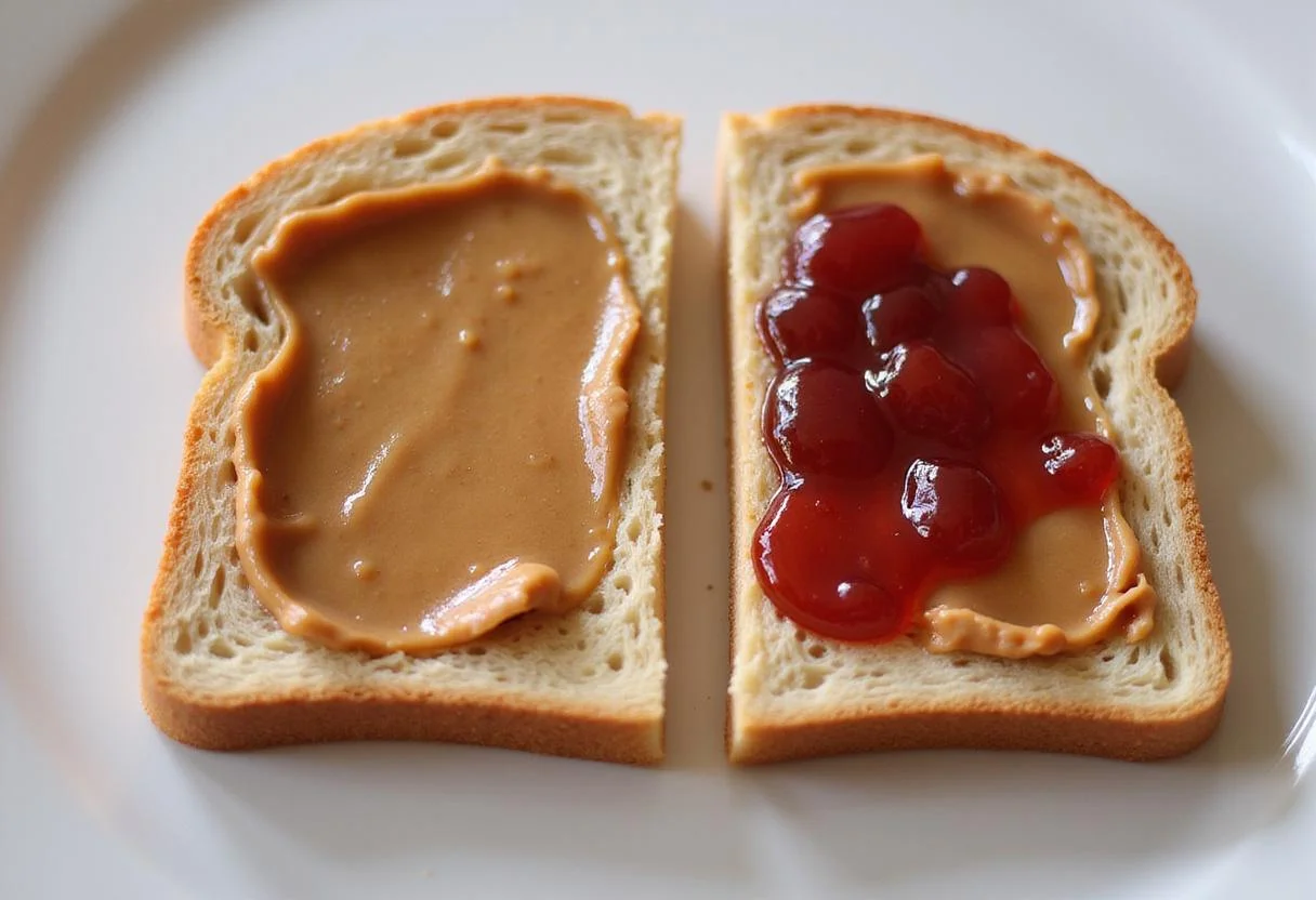 Assembling a perfect peanut butter and jelly sandwich with Smucker's ingredients, ready for cutting.