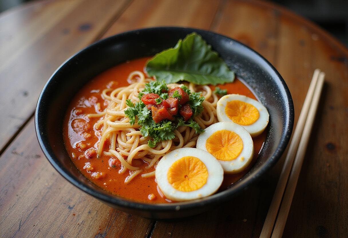 Enjoy the final presentation of the Spicy Dragon Bowl Ramen, highlighting its vibrant colors and delicious ingredients in a visually appealing dish.