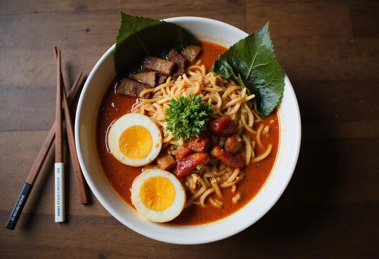 Enjoy the final presentation of the Spicy Dragon Bowl Ramen, highlighting its vibrant colors and delicious ingredients in a visually appealing dish.
