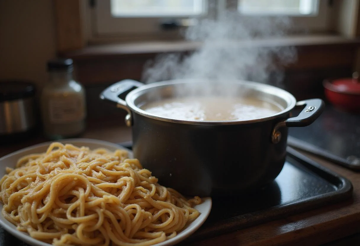 Prepare for Spicy Dragon Bowl Ramen by boiling water for fresh ramen noodles in a cozy kitchen.