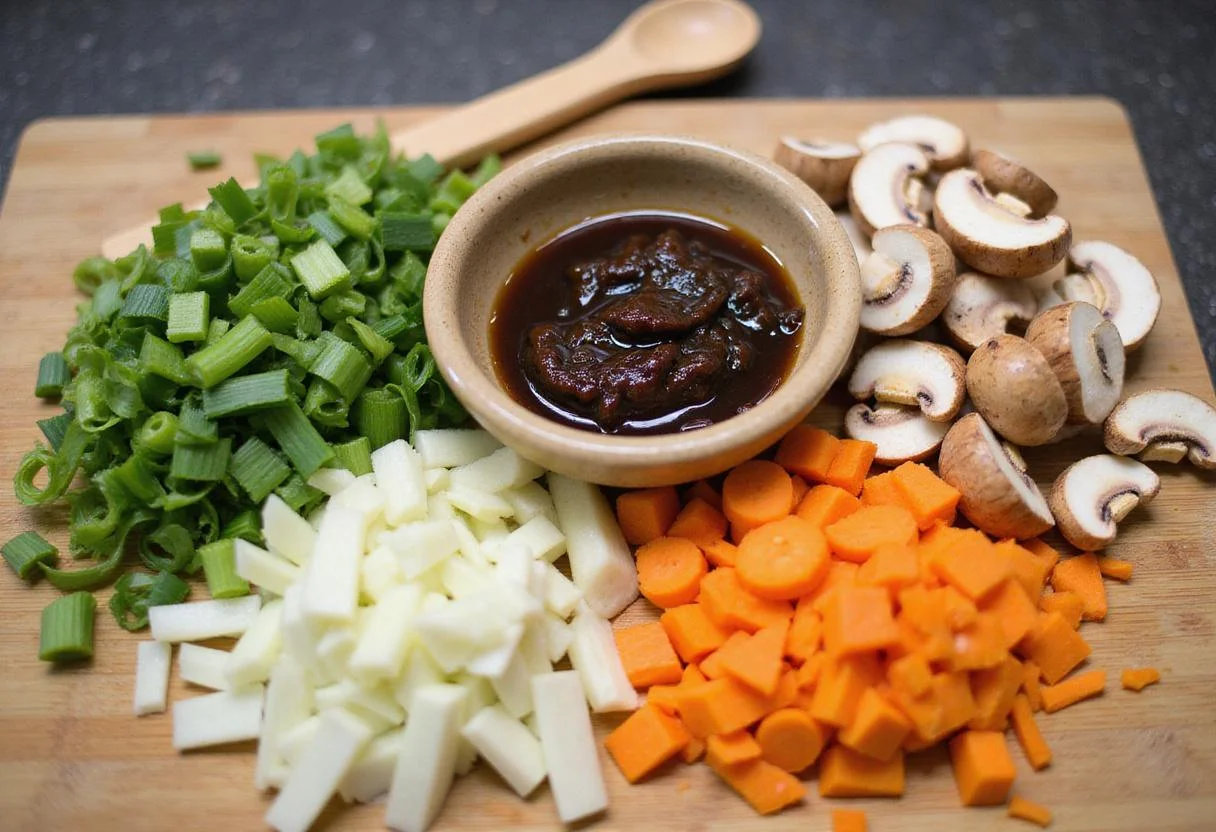 Chop fresh vegetables for the Spicy Dragon Bowl Ramen, including green onions and carrots, with miso paste prepared on the countertop.