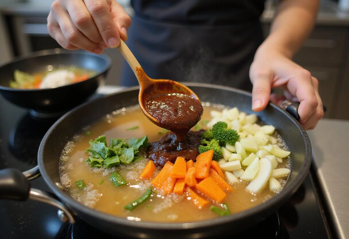 Cook the broth for Spicy Dragon Bowl Ramen, combining miso paste and fresh vegetables in a simmering pot for maximum flavor.