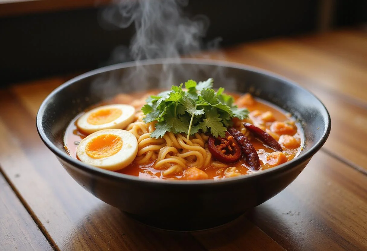 Serve the delicious Spicy Dragon Bowl Ramen, beautifully presented with garnishes and steam rising, making it a tempting dish.