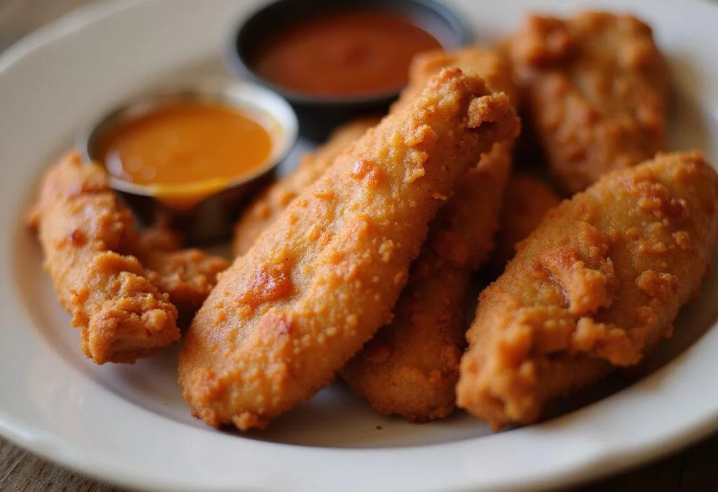 Delicious final presentation of spicy hot honey chicken tenders, highlighting the crispy coating and sweet-spicy glaze with a side for dipping.