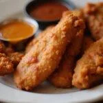 Delicious final presentation of spicy hot honey chicken tenders, highlighting the crispy coating and sweet-spicy glaze with a side for dipping.