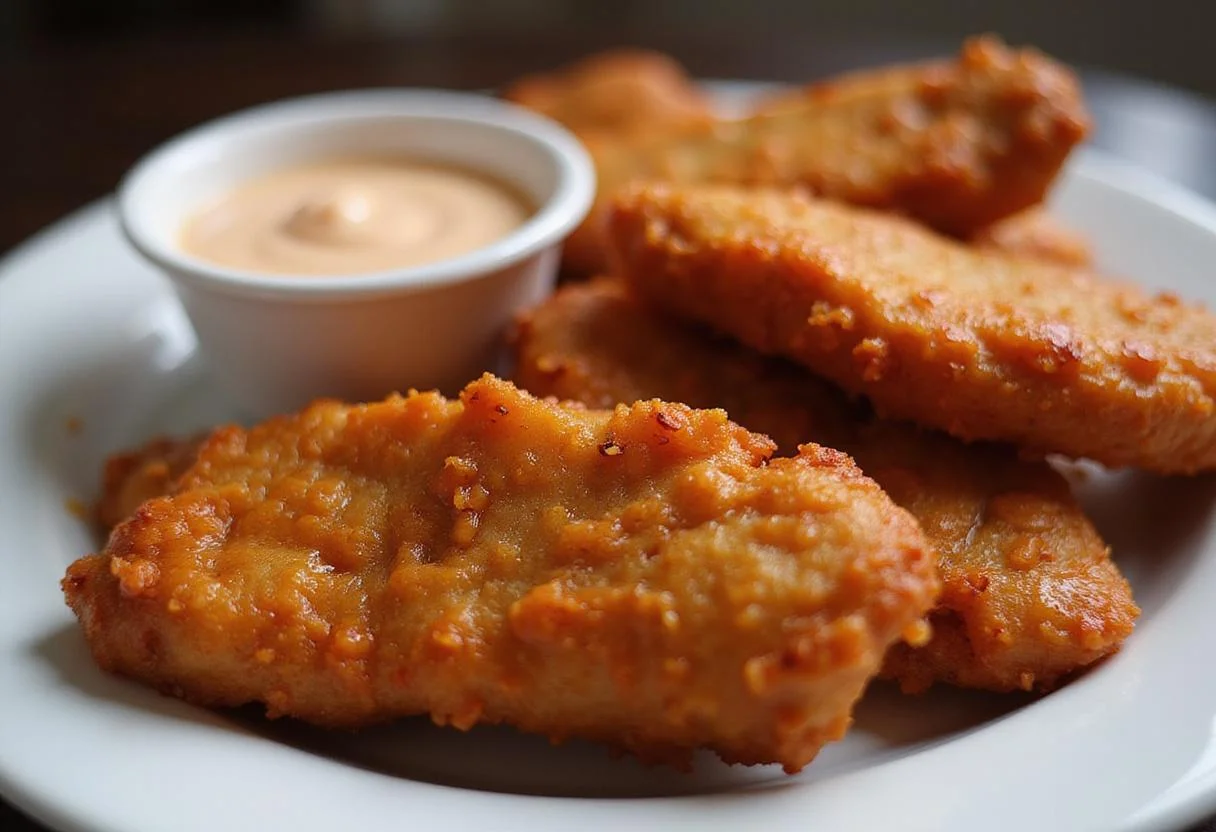 Delicious final presentation of spicy hot honey chicken tenders, highlighting the crispy coating and sweet-spicy glaze with a side for dipping.