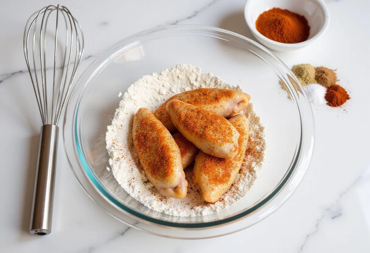 Preparation of spicy hot honey chicken tenders with marinated chicken covered in flour and spices for crunchy coating.
