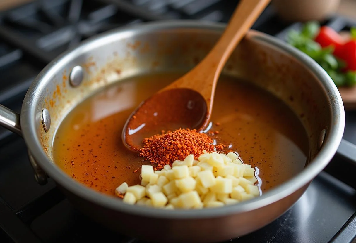 Making the spicy honey glaze for chicken tenders, combining honey, chili flakes, and garlic for an irresistible coating.