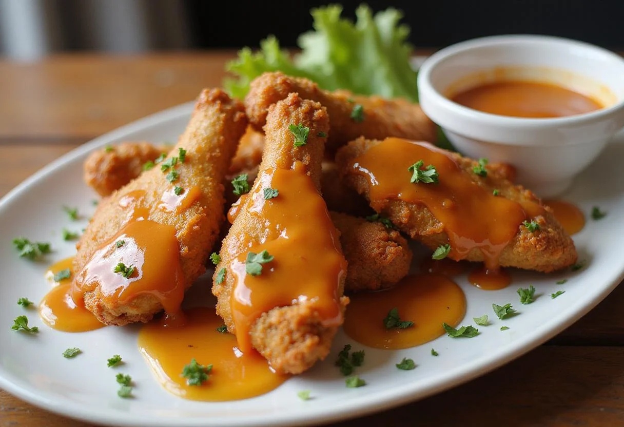 Presentation of delicious hot honey chicken tenders beautifully arranged with a glossy glaze and fresh parsley, ideal for serving.