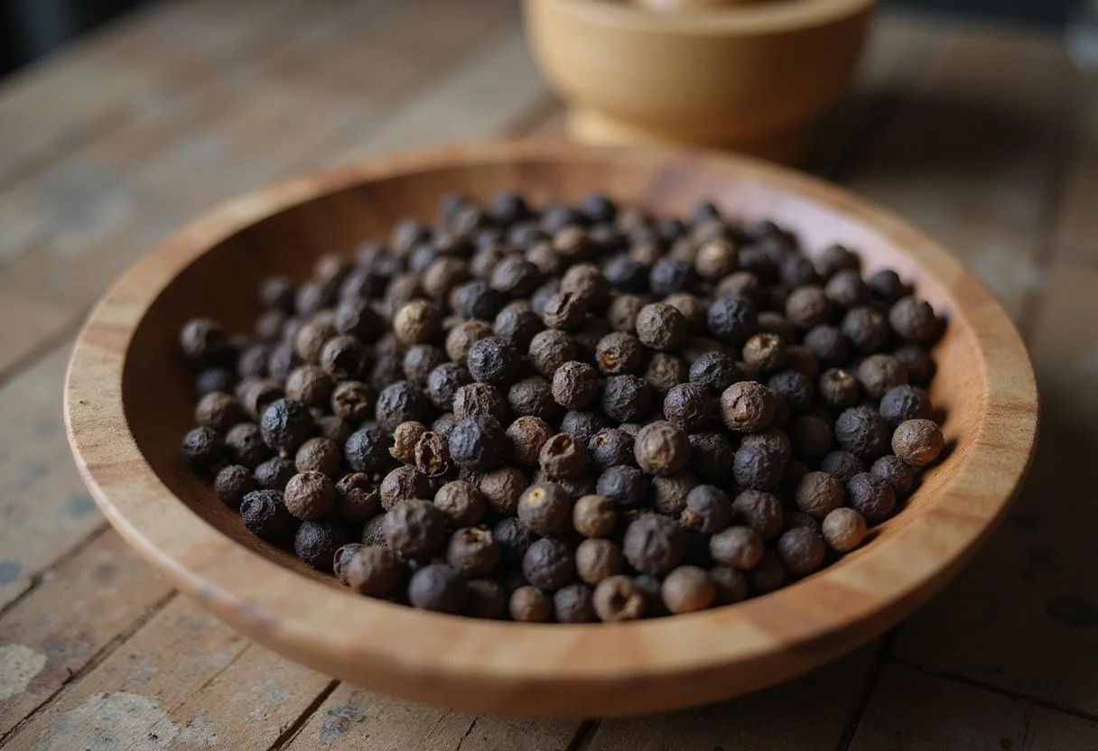 Whole long black peppercorns in a rustic kitchen setting, preparing for cooking, showcasing the aromatic spice for recipes.
