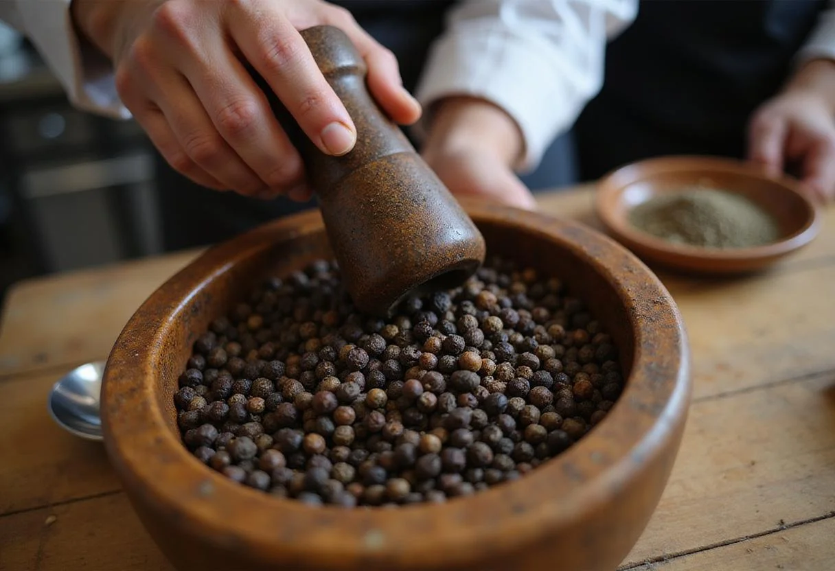 A chef grinding long black pepper in a mortar and pestle, emphasizing the spice's intense flavor and aroma for cooking.