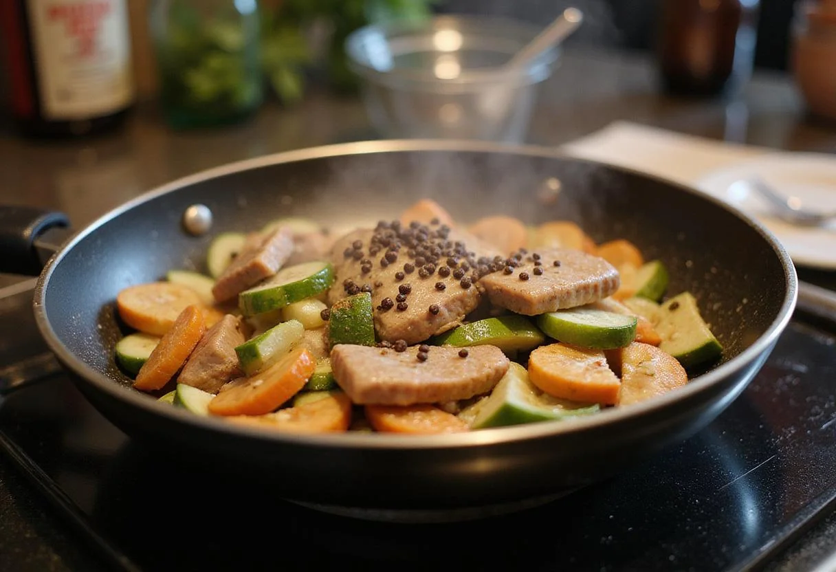 Sautéing vegetables and meats in a pan, adding freshly ground long black pepper to enhance the flavor, depicting a flavorful cooking process.
