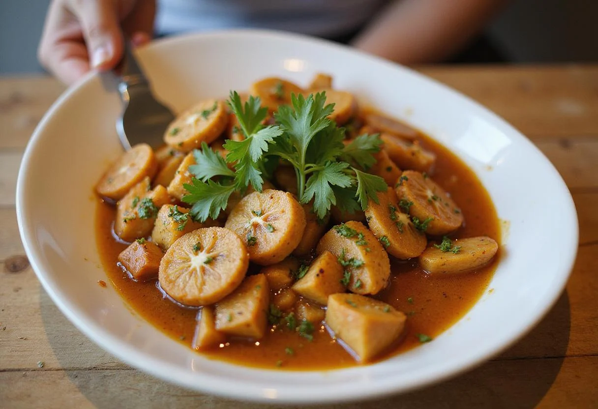 Garnished serving dish of sautéed vegetables and meats with long black pepper, representing a delicious and aromatic finished dish.