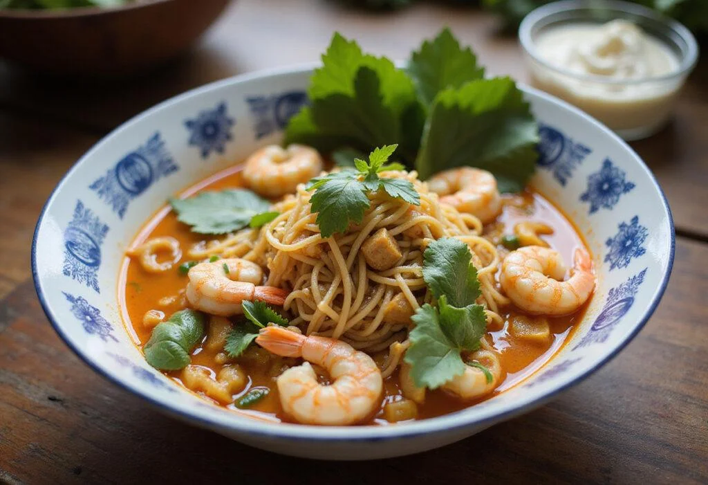 A stunning presentation of Spicy Malaysian Laksa Delight, featuring noodles, shrimp, and fresh herbs in a bowl, reflecting the essence of a classic laksa recipe.