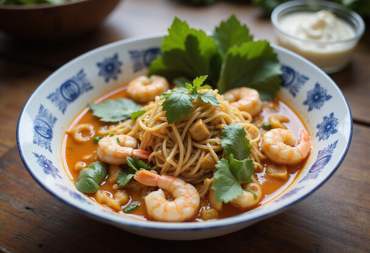 A stunning presentation of Spicy Malaysian Laksa Delight, featuring noodles, shrimp, and fresh herbs in a bowl, reflecting the essence of a classic laksa recipe.