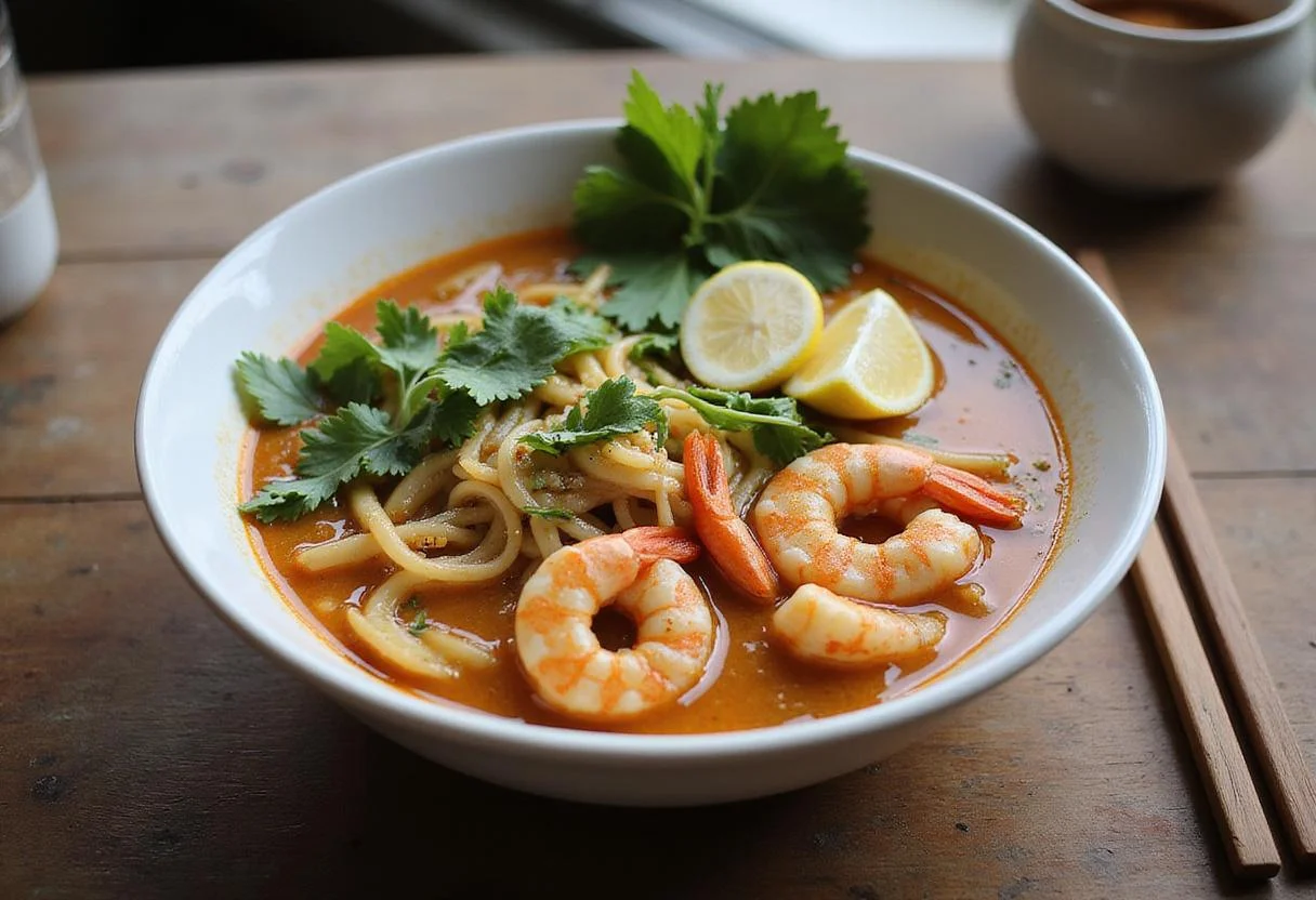 A stunning presentation of Spicy Malaysian Laksa Delight, featuring noodles, shrimp, and fresh herbs in a bowl, reflecting the essence of a classic laksa recipe.