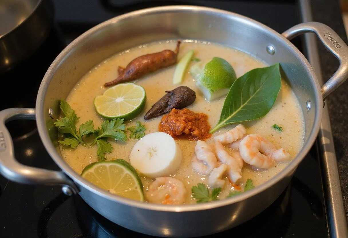 A pot of creamy coconut milk and spices bubbling on the stove, preparing a traditional laksa recipe with vibrant colors and aromatic ingredients.