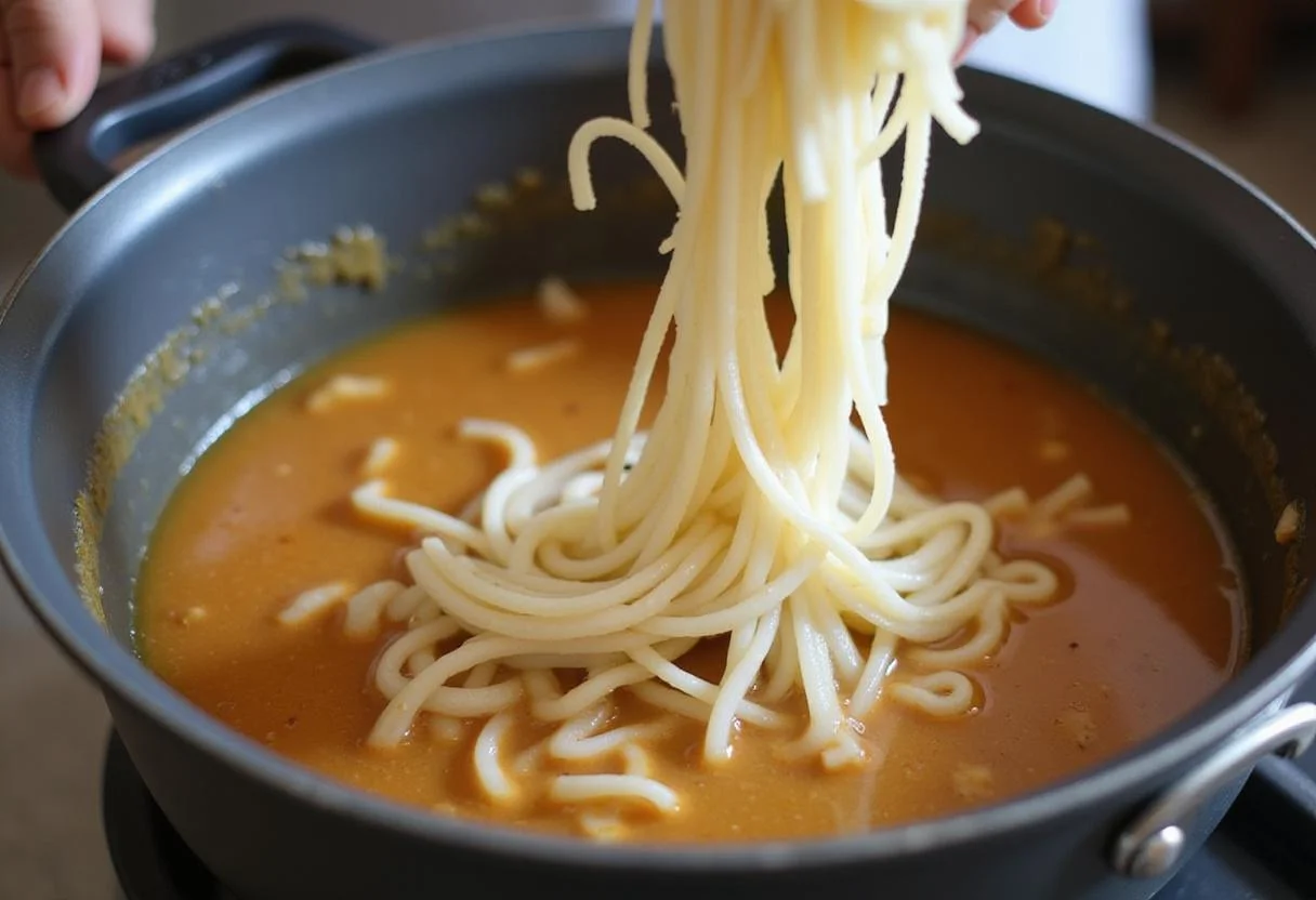 Rice noodles being added to a pot of spicy coconut broth, highlighting the preparation stages of a delicious laksa recipe, with steam rising and vibrant colors.