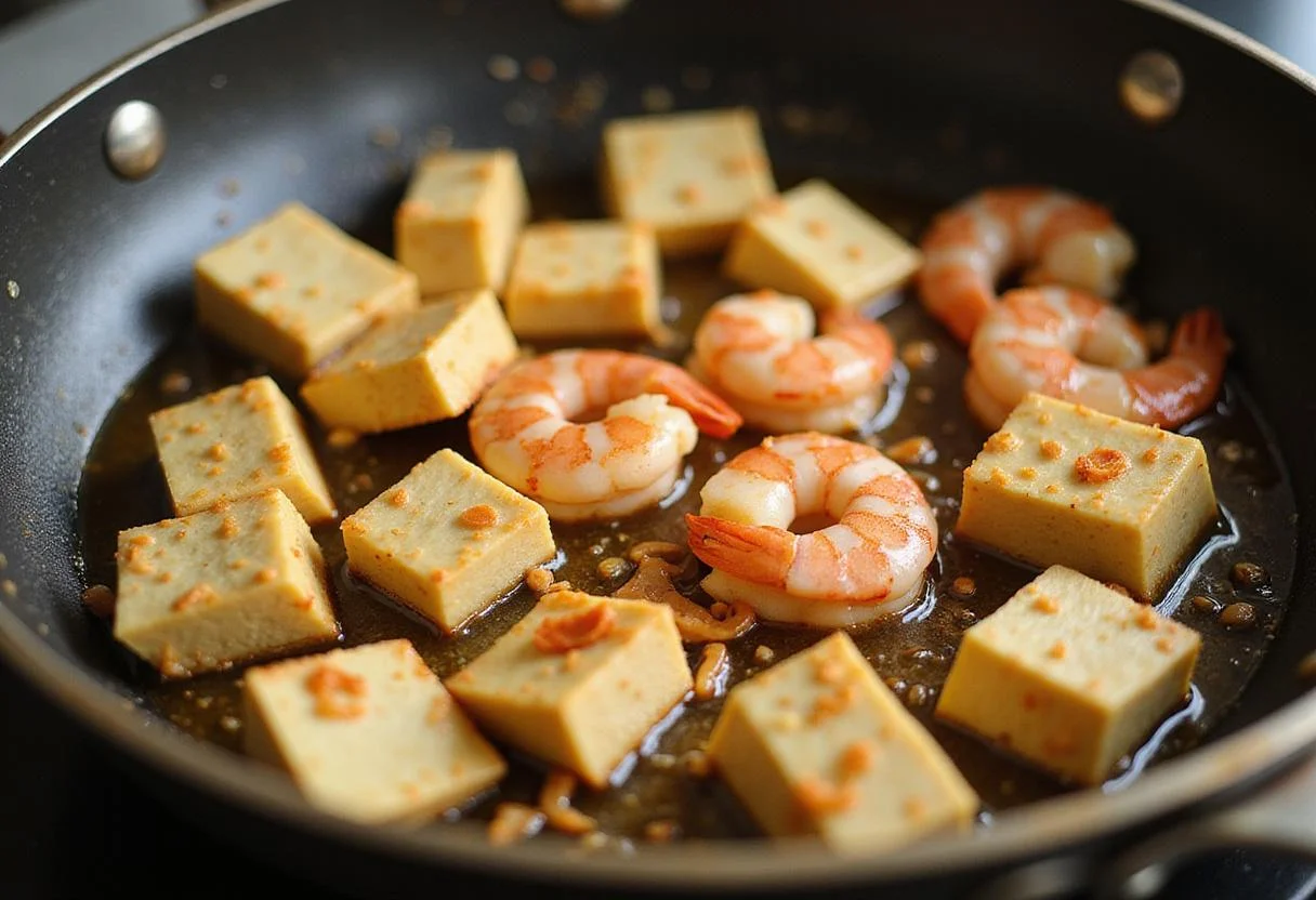Tofu and shrimp sautéing in a pan, enhancing the flavors for a spicy Malaysian laksa recipe, showcasing preparation techniques for a savory dish.