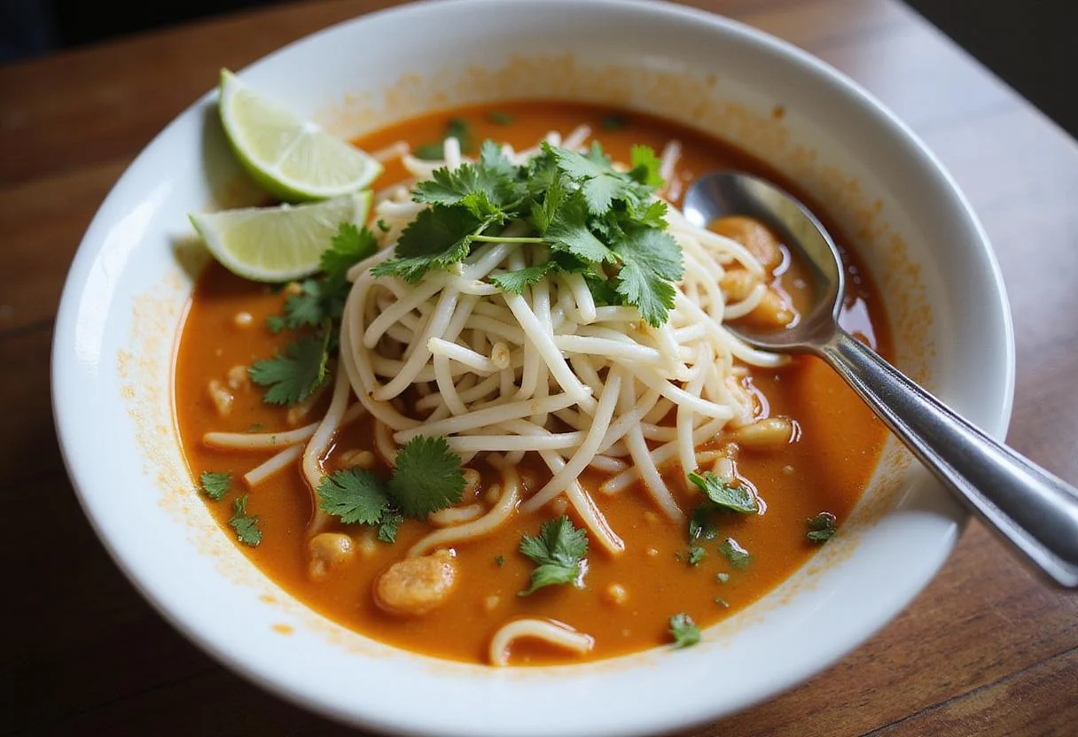 A beautiful bowl of spicy Malaysian laksa, garnished with bean sprouts and lime, depicting the final presentation of a delectable laksa recipe.