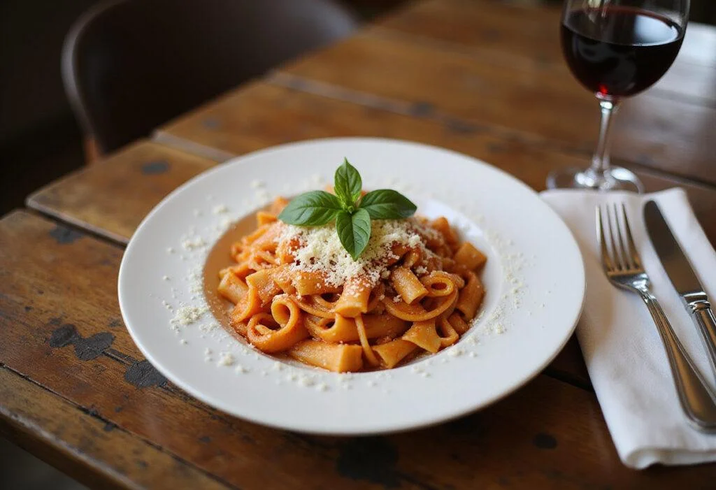 Deliciously plated spicy rigatoni pasta garnished with basil and Parmesan cheese, epitomizing the spicy rigatoni pasta sensation.