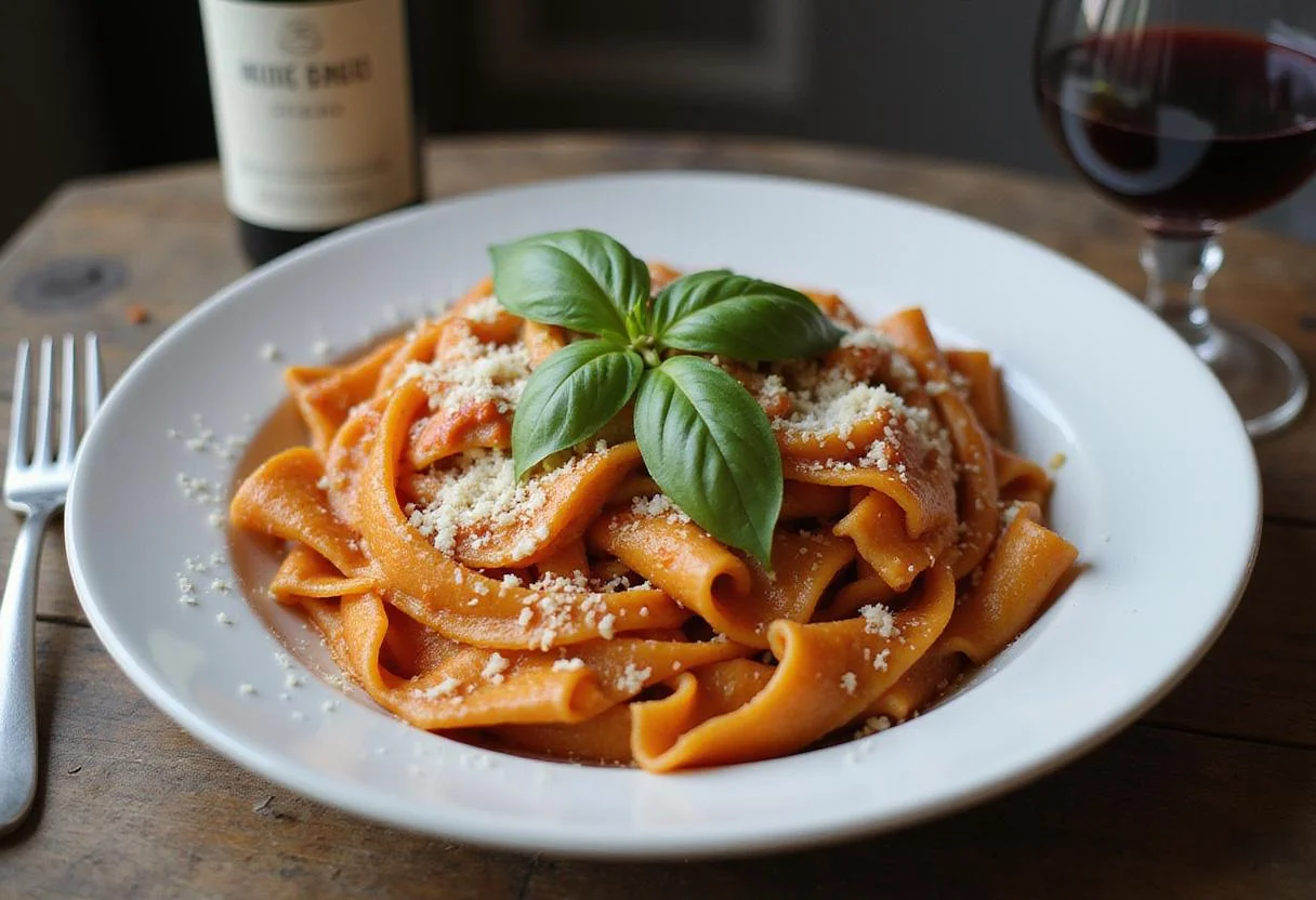 Deliciously plated spicy rigatoni pasta garnished with basil and Parmesan cheese, epitomizing the spicy rigatoni pasta sensation.